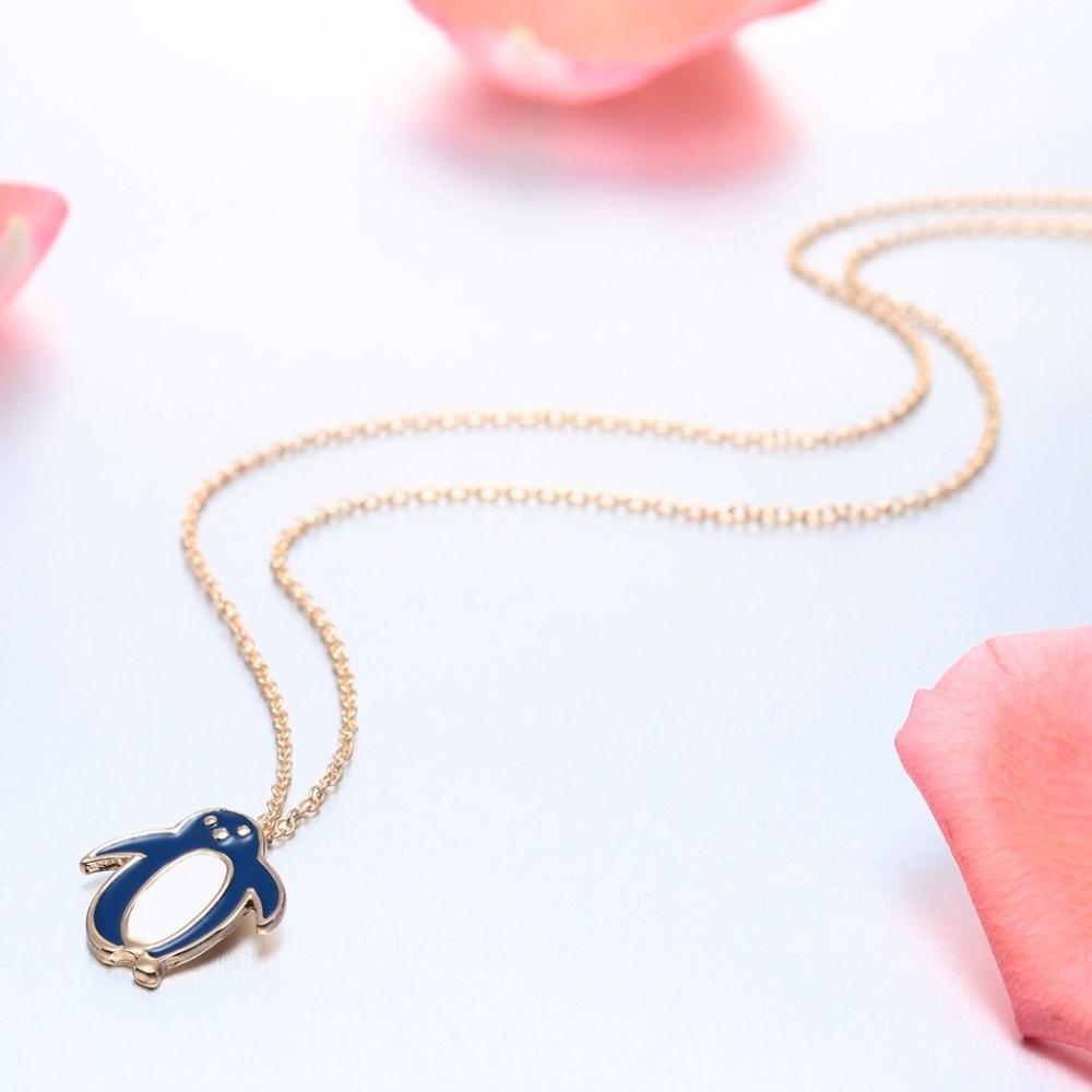 Dainty Blue & White Penguin Pendant Gold Necklace - Picture 3 of 6